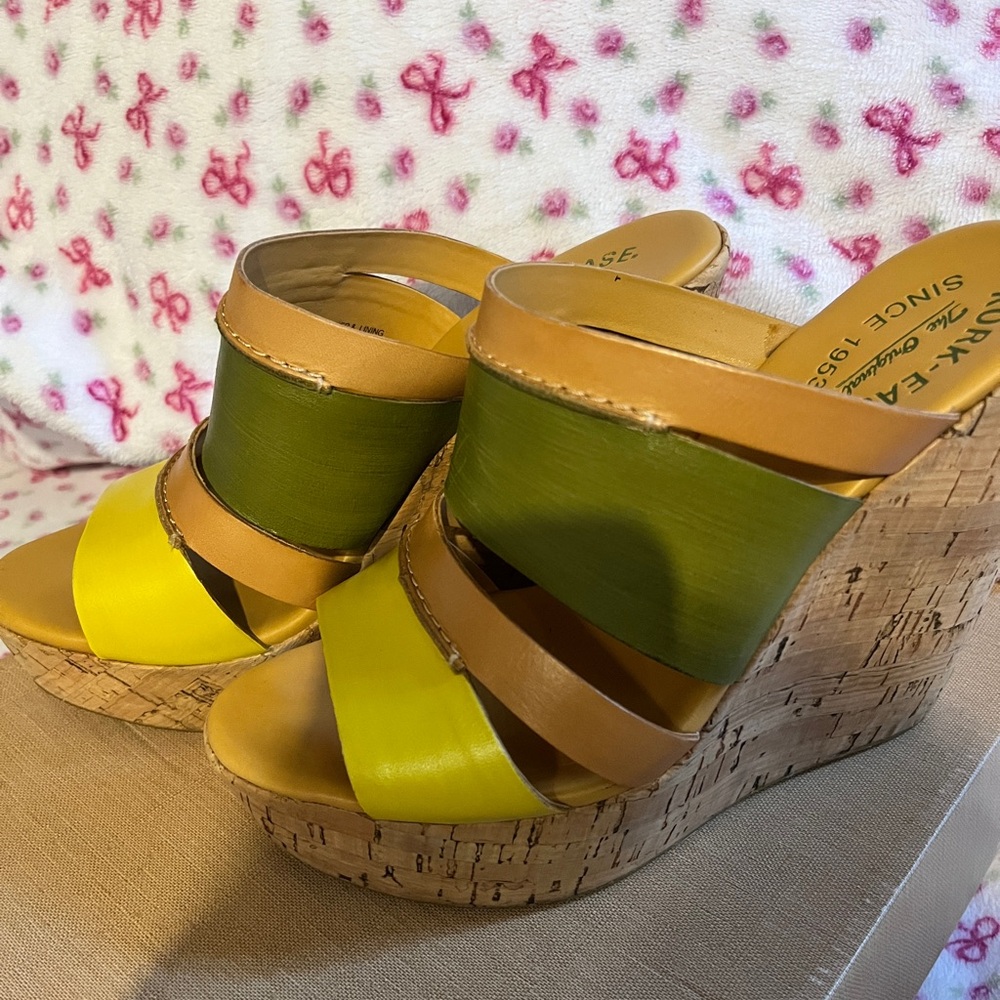 Kork-Ease Yellow and Olive Green Leather Wedge Sandals